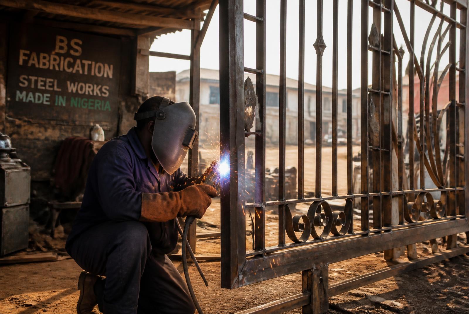 Welder building a steel gate in Nigeria