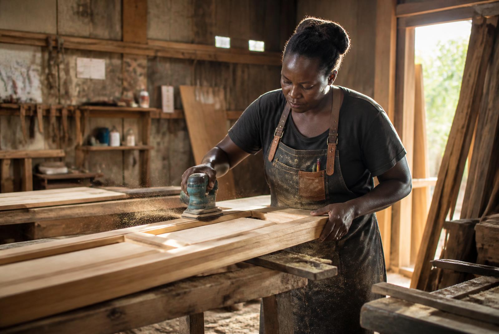 Carpenter sanding a door frame in Kenya
