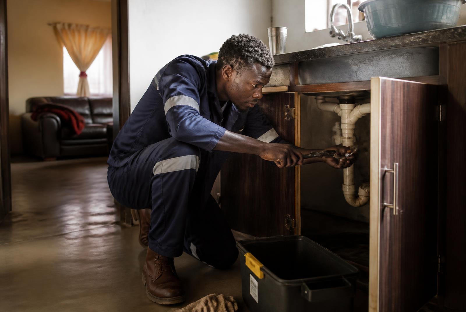 Plumber repairing pipes under a kitchen sink
